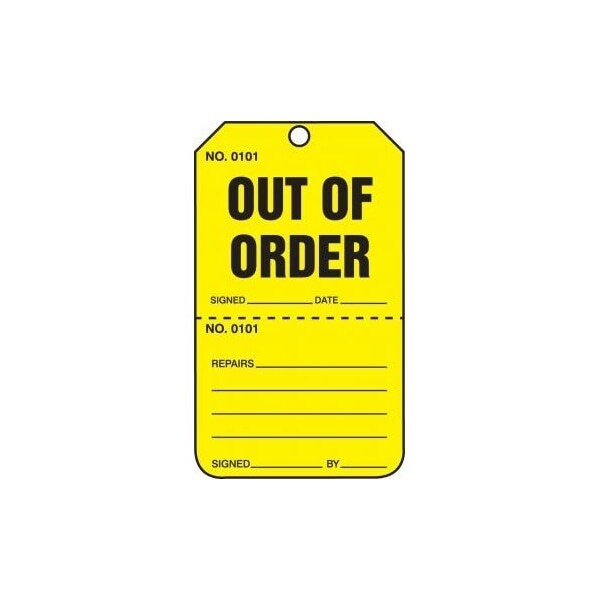 Accuform Safety Tags, OUT OF ORDER, Perforated, 5.75in x 3.25in, PF-Cardstock, 25PK TPP201CTP - main